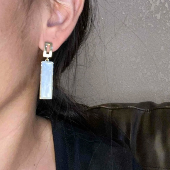 Geometric Rectangular White & Gold Drop Earrings | Minimalist Statement Jewelry - Picture 2 of 16
